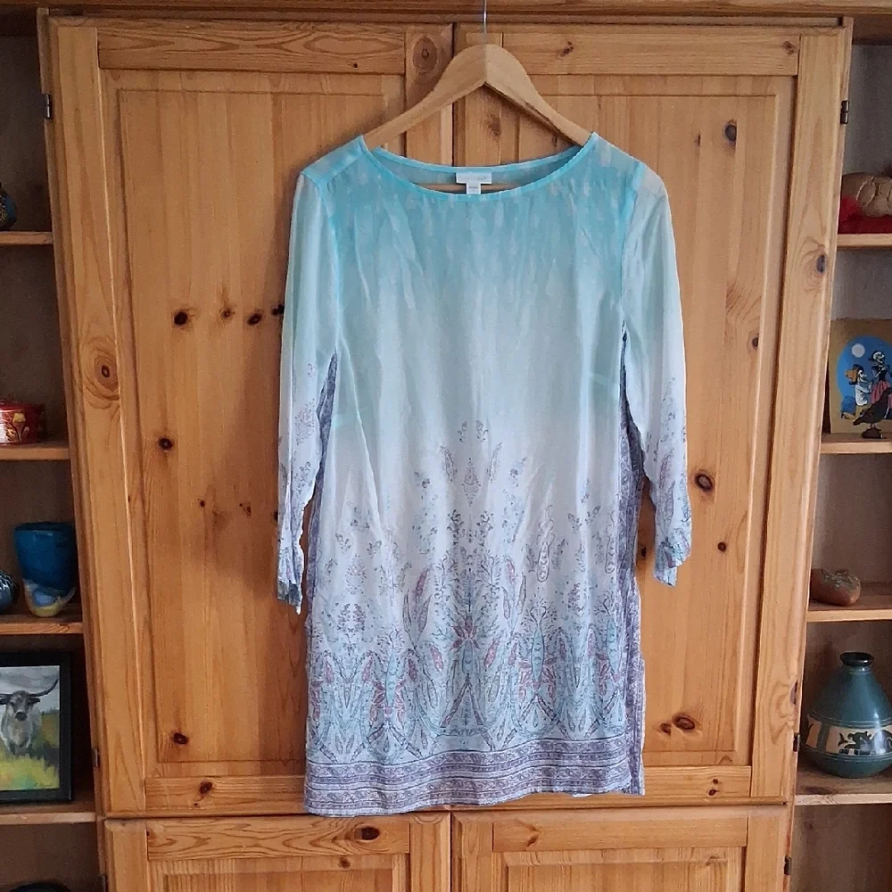 J. Jill Blue Lilac Blue Ombre Pastel  Paisley Boho Coastal Tunic Blouse Size M - Picture 9 of 9